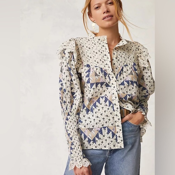 K1. Othilia Anthropologie Ruffled Blouse Lace Ruffle Blue Patchwork - Picture 1 of 11